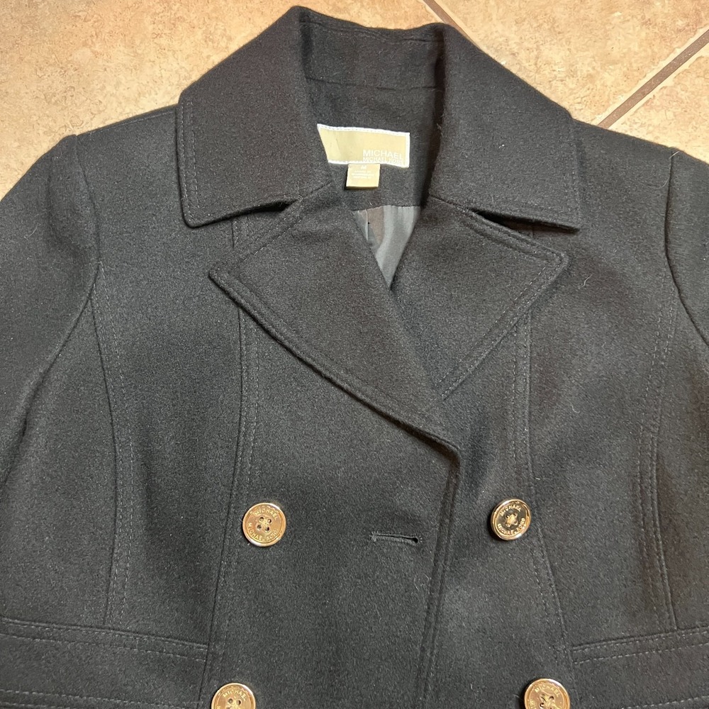 Michael Kors Black Double Breasted Wool Blend Pea Coat Gold Buttons Sz Medium - Picture 4 of 12